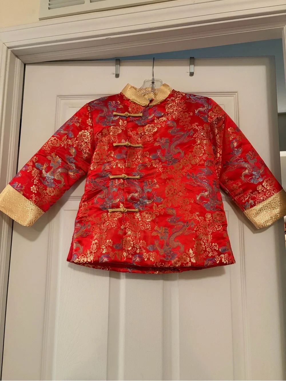 Children's Red Satin Dragon-Pattern Tang Jacket with Gold Trim Sz 8